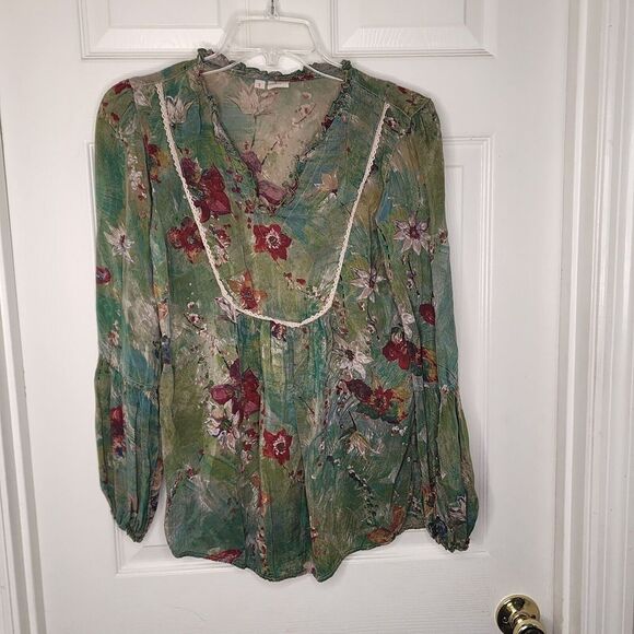 Tia Nello Olive Print Long Sleeve Blouse‎ Sz. S - Picture 1 of 7